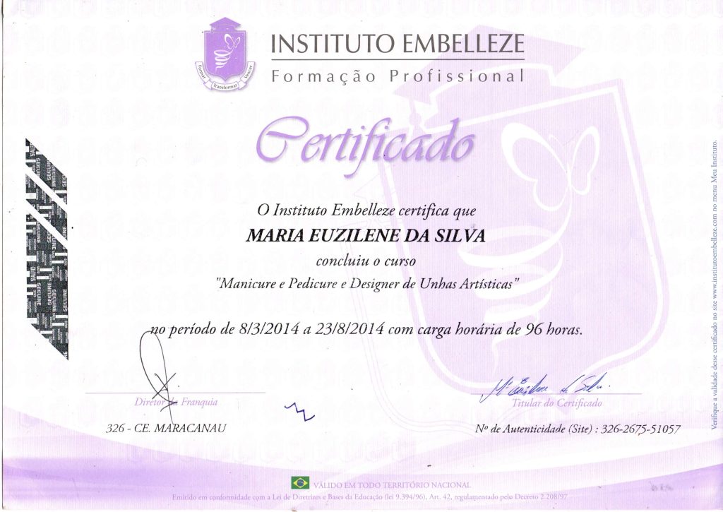 Certificado Manicure Pedicure e Unhas Lene